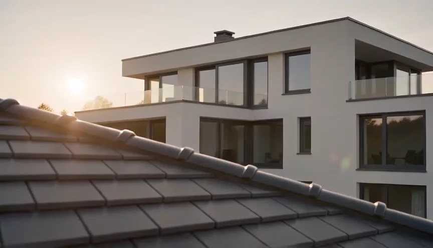 Fertig gedecktes Dach eines modernen Wohnhauses im Abendlicht